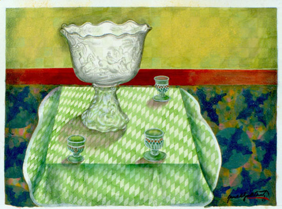 pressed glass on green cloth